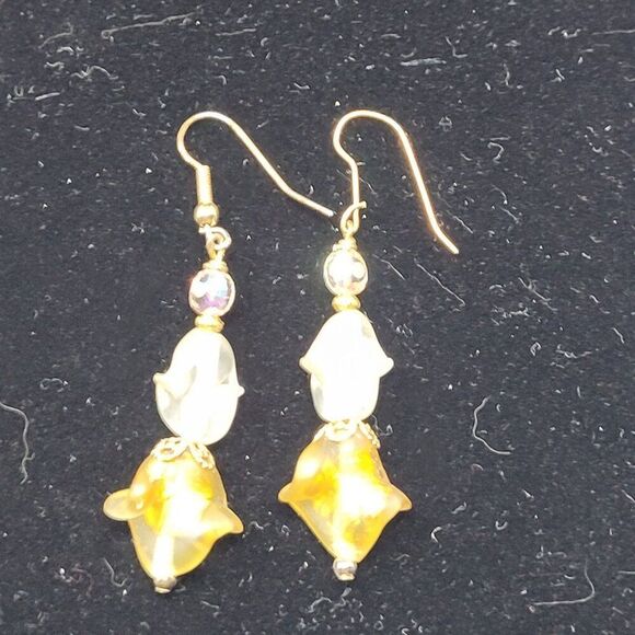 Vintage Princess Necklace Dangle‎ Pierced Earring Set Faux Gold Nugget AB Beads - Picture 9 of 16